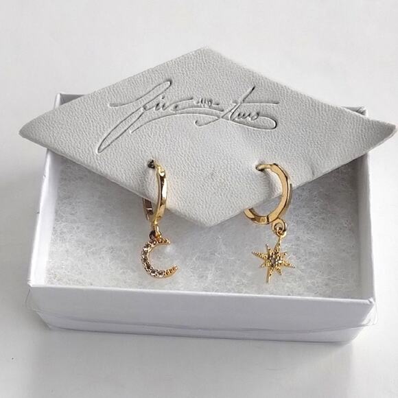 NEW! Celestial Moon & Star Gold + Rhinestone Huggie Hoop Tiny Charm Earrings 5&2 - Picture 2 of 15